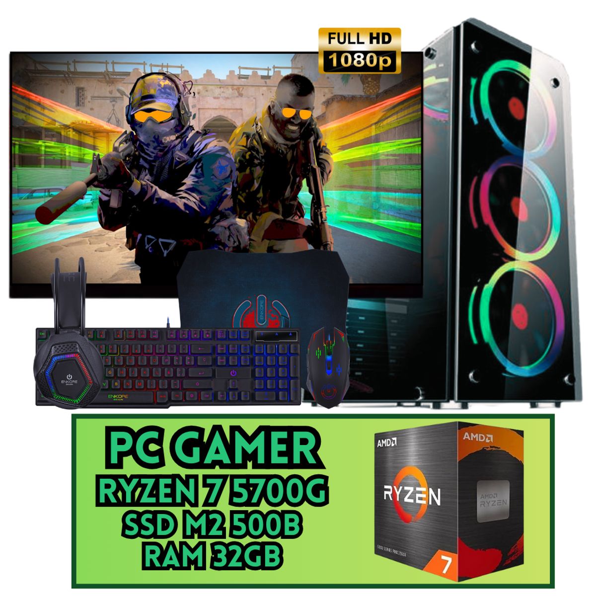 AMD - PC GAMER RGB AMD RYZEN 7 5700G SSD M2 500GB RAM 32GB MONITOR FHD 24