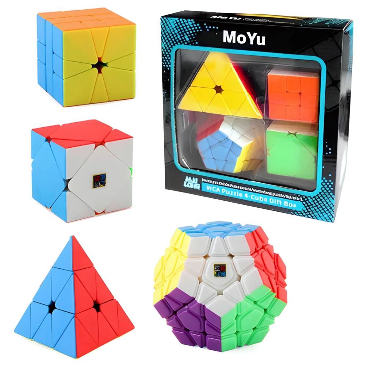 GENERICO - Pack de 4 Cubos Mágicos Pyraminx Megaminx Skewb Square