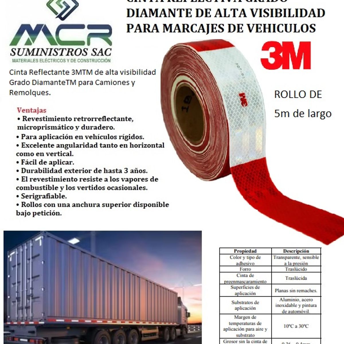 3M - CINTA REFLECTIVA CON LOGO 3M DE 2″ o 5CM DE ANCHO X 3M  ROJO y BLANCO 3M
