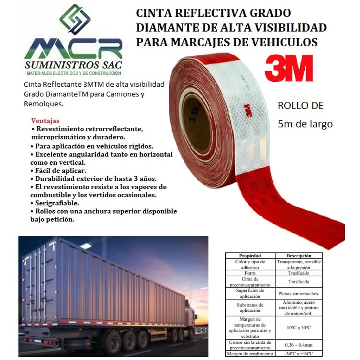 3M - CINTA REFLECTIVA CON LOGO 3M DE 2″ o 5CM DE ANCHO X 3M  ROJO y BLANCO 3M