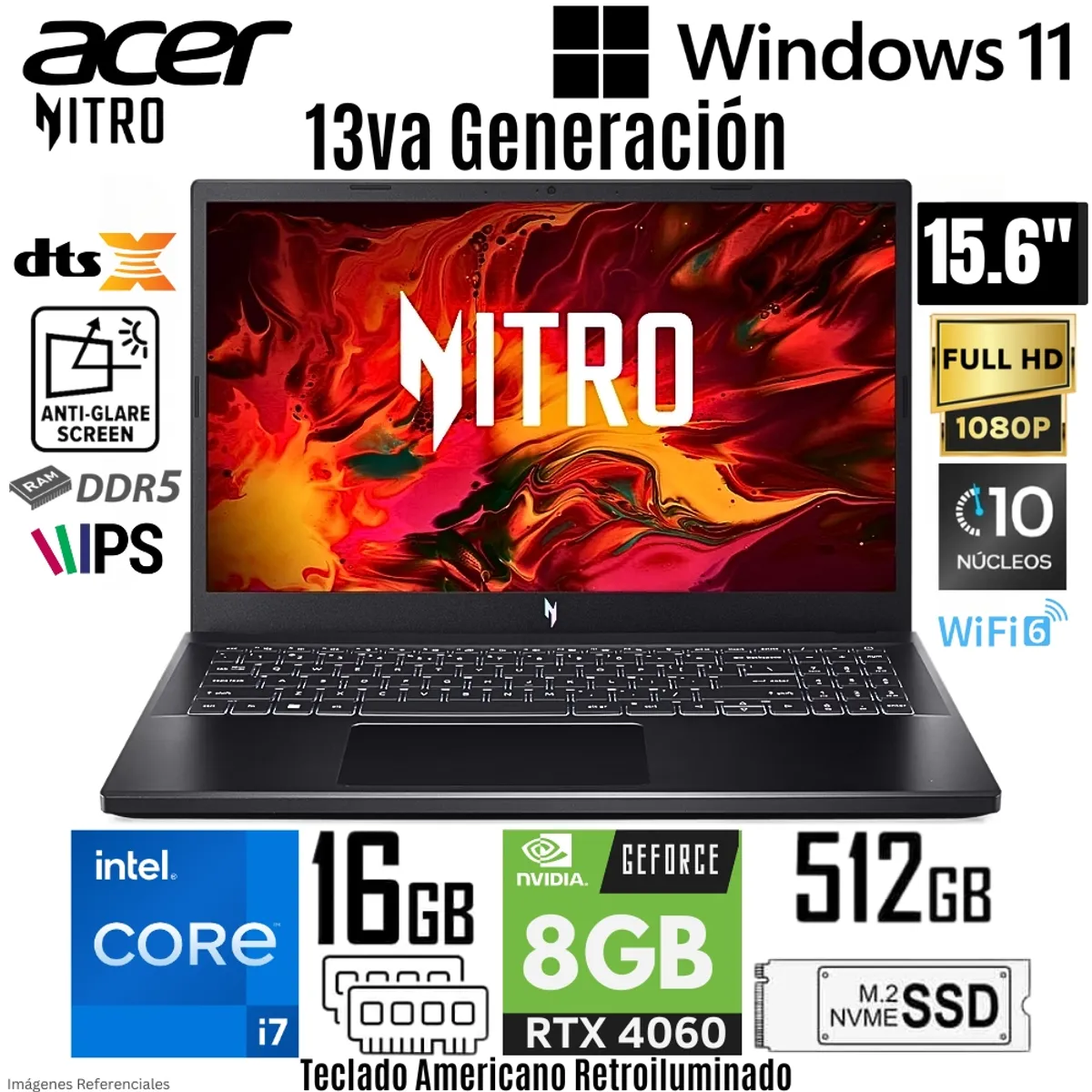 ACER - Laptop Acer Nitro V15 ANV15-51-789J Intel Core i7-13620H 16GB RAM 512GB SSD RTX 4060-8GB 15.6"  FHD