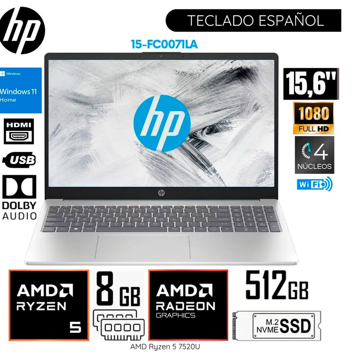 HP - Laptop HP 15-fc0071la 15.6" - FHD - Ryzen 5 7520U - 8GB - 512GB SSD - W11 Home