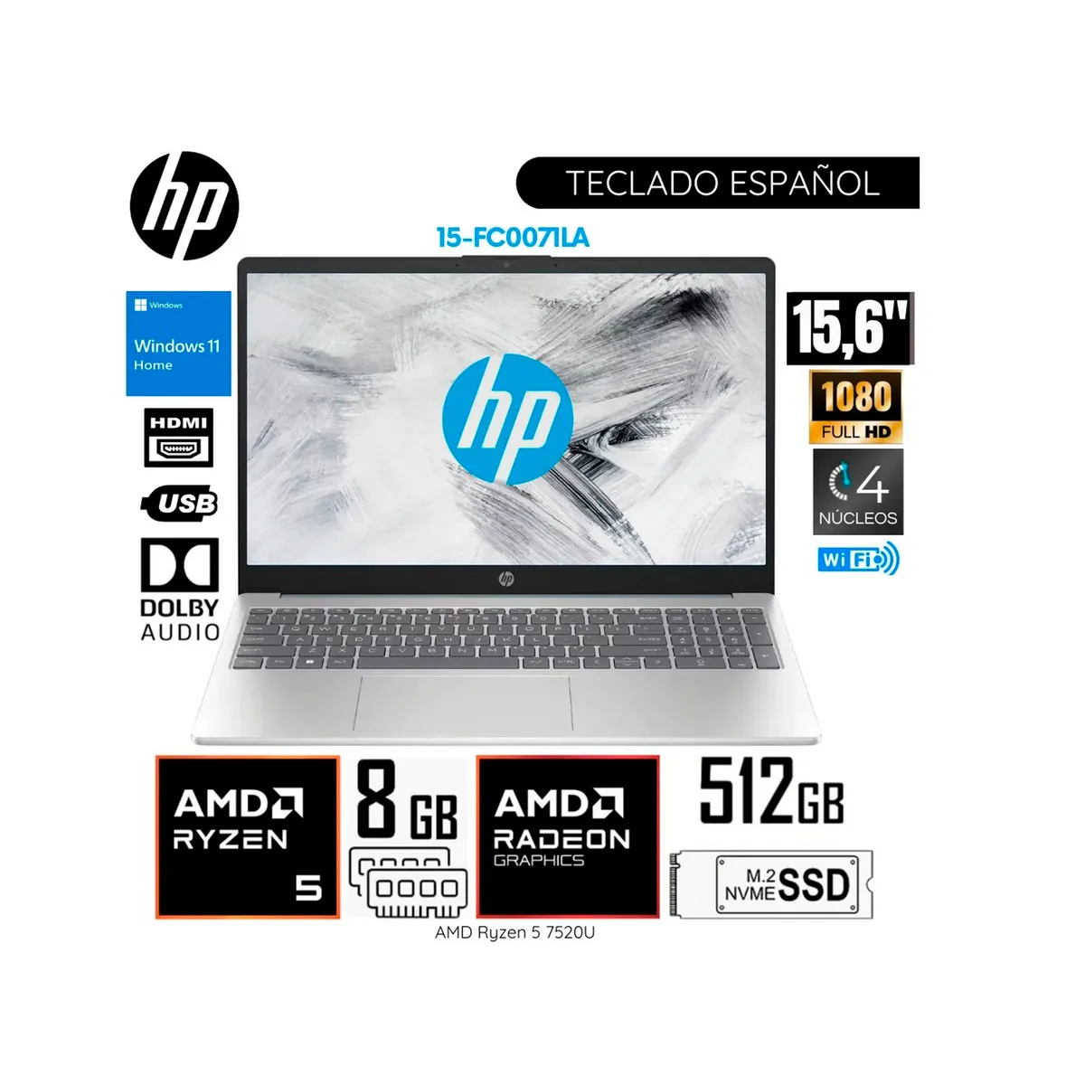 HP - Laptop HP 15-fc0071la 15.6" - FHD - Ryzen 5 7520U - 8GB - 512GB SSD - W11 Home