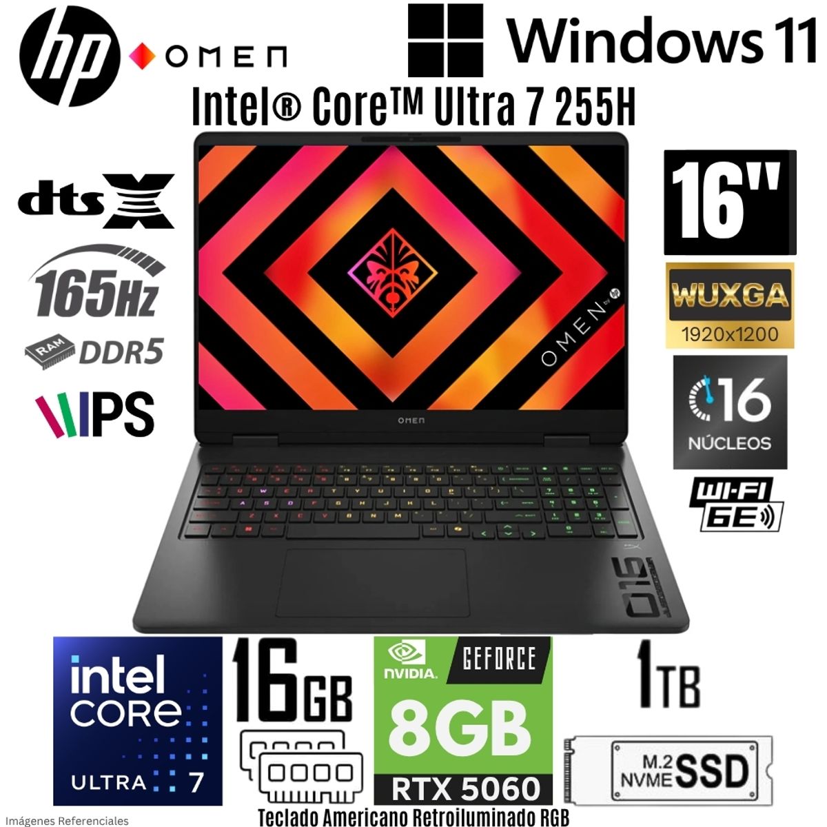 HP - Laptop HP OMEN 16-AN0001NR Intel Core Ultra 7 255H 16GB RAM 1TB SSD RTX 5060-8GB 16"  WUXGA