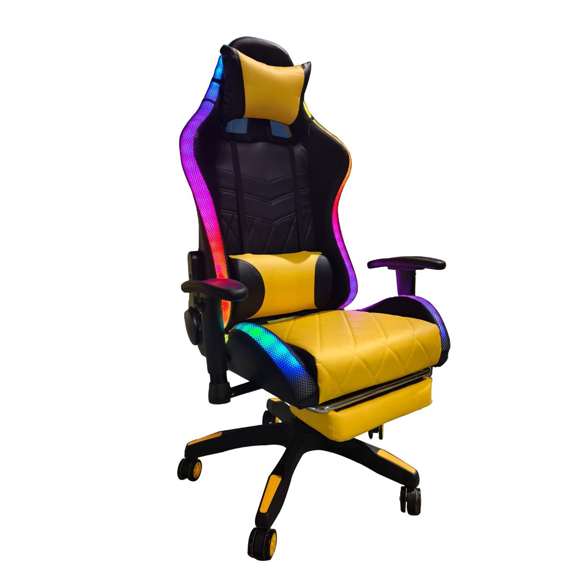 TEMEL - Silla Gamer TEMEL Amarillo Reclina 180° Reposapiés y Luces RGB