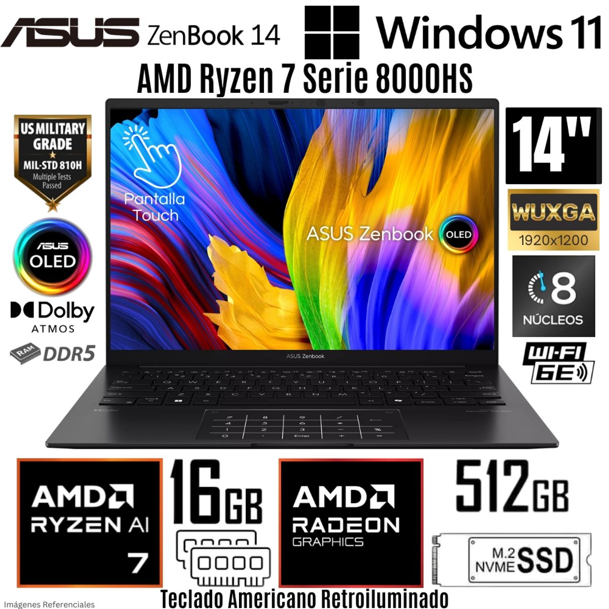 ASUS - Laptop Asus Zenbook 14 UM3406HA-WS74T AMD Ryzen 7 8840HS 16GB RAM 512GB SSD 14"  WUXGA OLED Touch