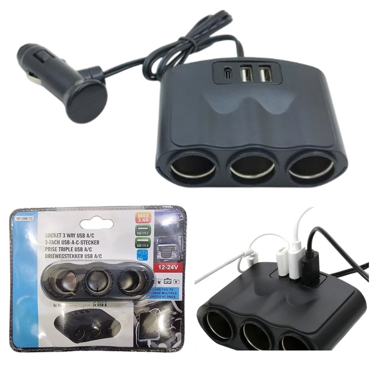 SEISA - splitter Cigarrera de Carga para Auto 1 x 3 sockets + 2USB + 1 tipo C 12v 24v