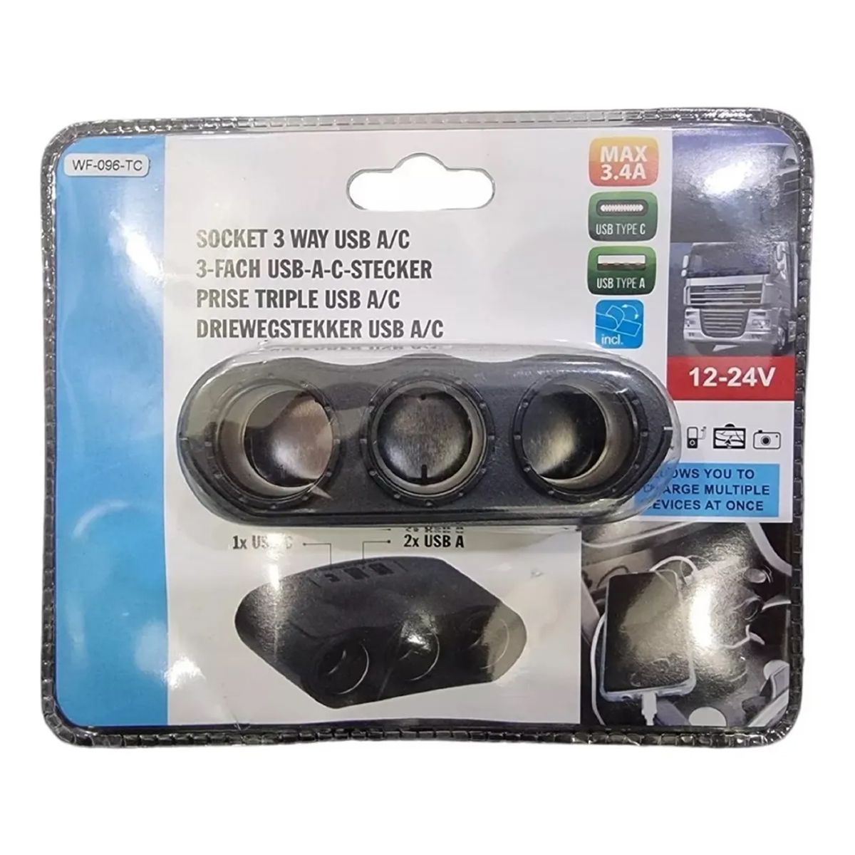 SEISA - splitter Cigarrera de Carga para Auto 1 x 3 sockets + 2USB + 1 tipo C 12v 24v