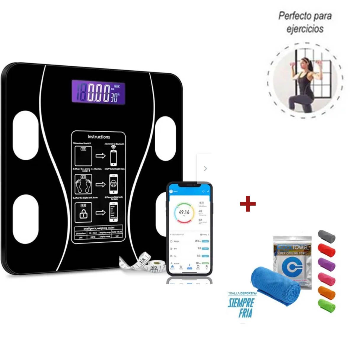 GENERICO - PACK 1 Balanza Digital Smart Báscula con Bluetooth + 2 TOALLA FRIA