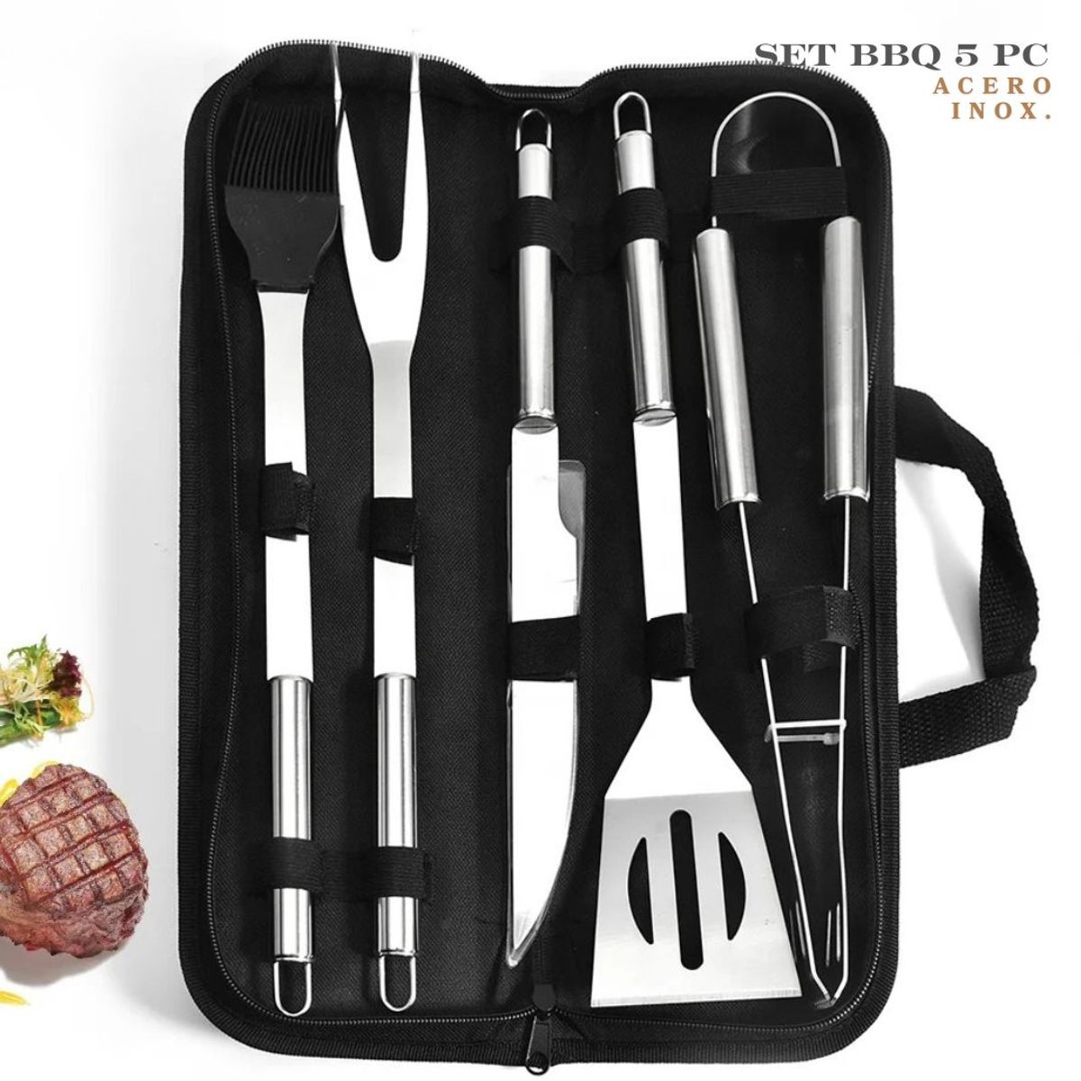 GENERICO - Set Parrillero BBQ Premium en Acero Inoxidable x 5 Pc + Maletín