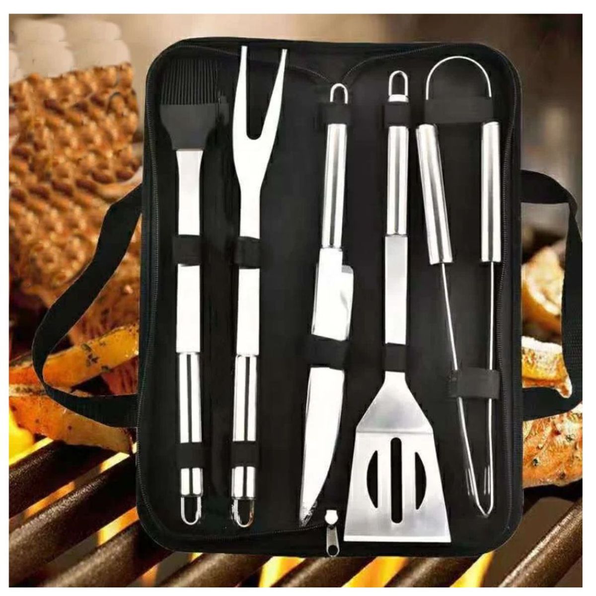 GENERICO - Set Parrillero BBQ Premium en Acero Inoxidable x 5 Pc + Maletín