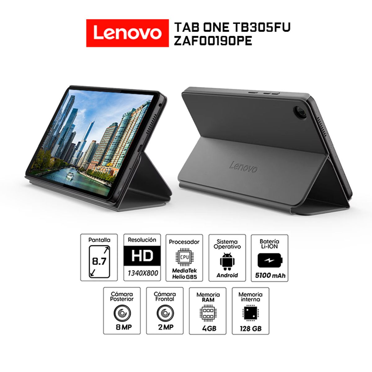 LENOVO - Tablet Lenovo Tab One TB305FU 4Gb Ram 128Gb eMMC 87″ Android 14+Folio Case ZAF00190PE-Luna Grey