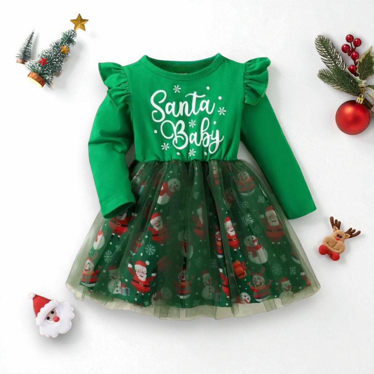 GENERICO - VESTIDO NAVIDEÑO DE NIÑA - LA MÁGIA DE LA NAVIDAD  INCLUYE VINCHA