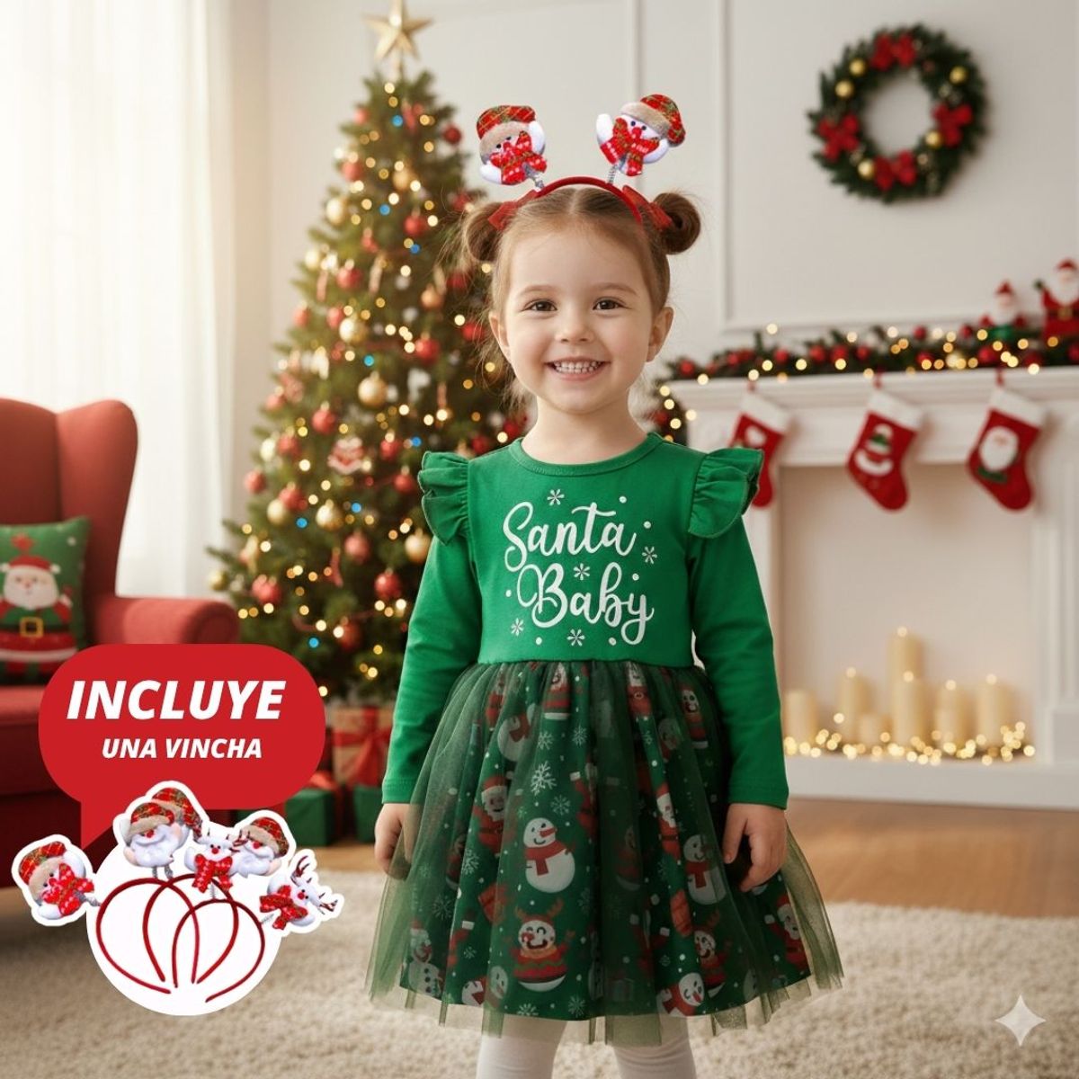 GENERICO - VESTIDO NAVIDEÑO DE NIÑA - LA MÁGIA DE LA NAVIDAD  INCLUYE VINCHA