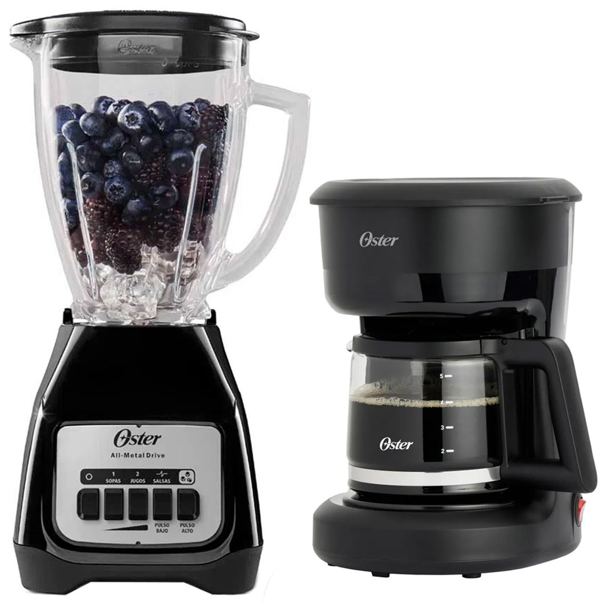 OSTER - Licuadora Oster BLSTKAGBPB Vaso de Vidrio mas Cafetera 5 Tazas Negro