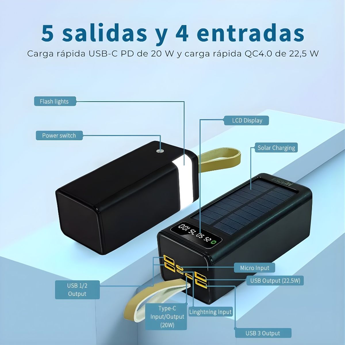 OEM - Power Bank Solar 50000mah Carga Rápida 22.5w 8 Puertos