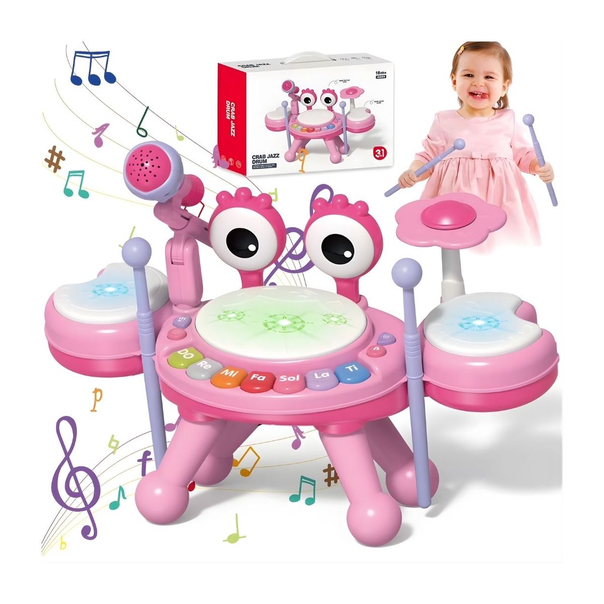 GENERICO - Crab Jazz Drum Cangrejo Tambor Batería Juguete Musical 3 en 1 para Bebé Niña