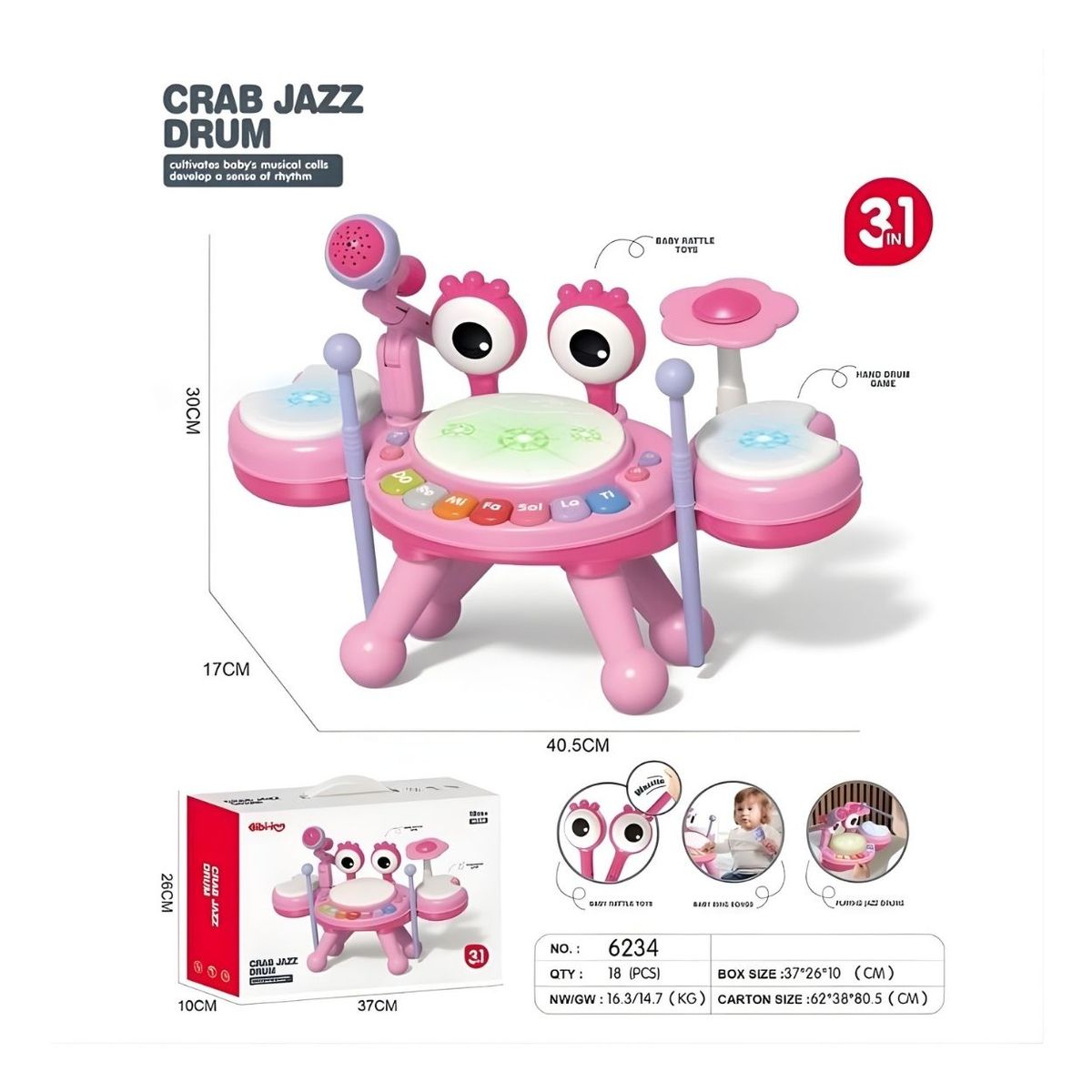 GENERICO - Crab Jazz Drum Cangrejo Tambor Batería Juguete Musical 3 en 1 para Bebé Niña