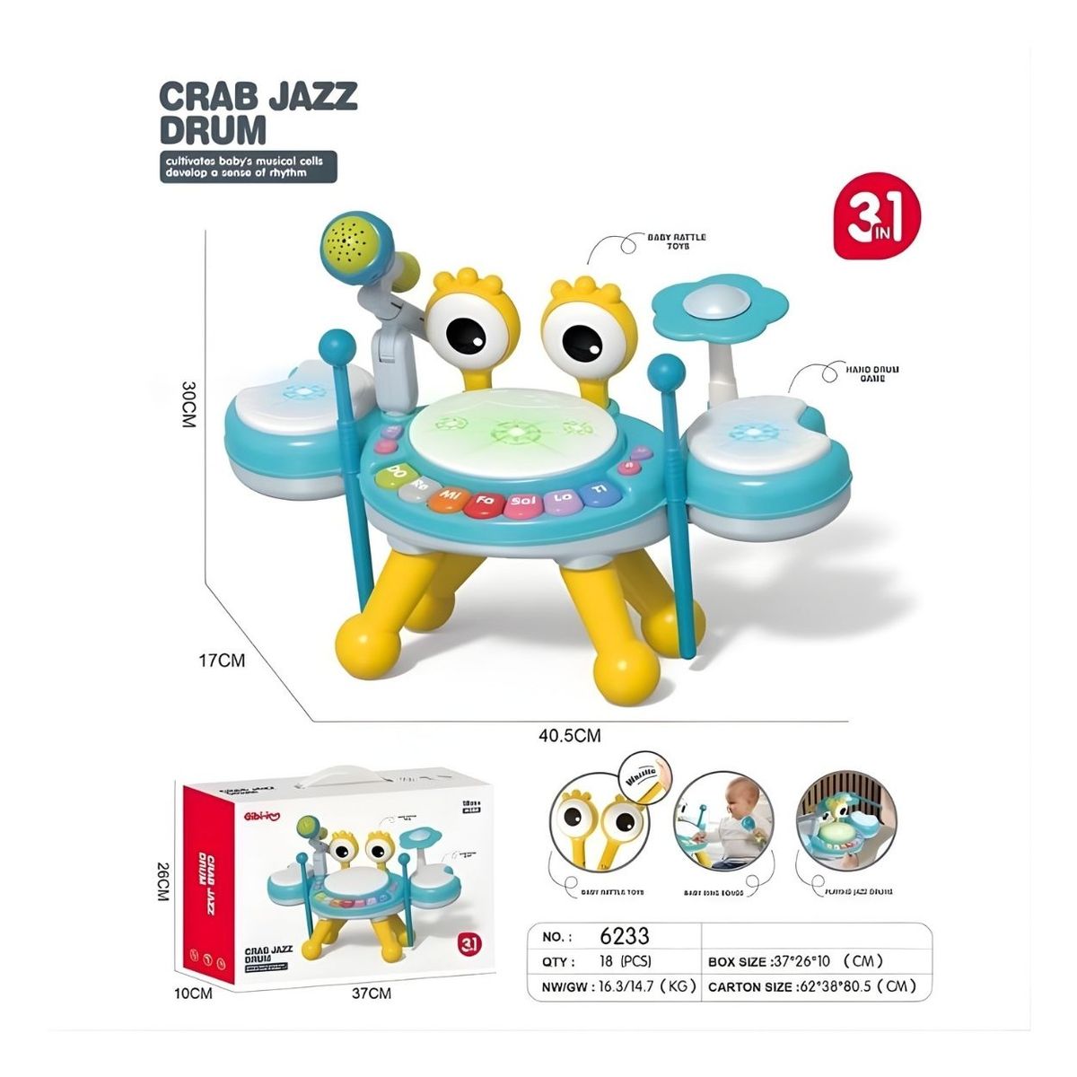 GENERICO - Crab Jazz Drum Cangrejo Batería Juguete Musical 3 en 1 para Bebé Niño