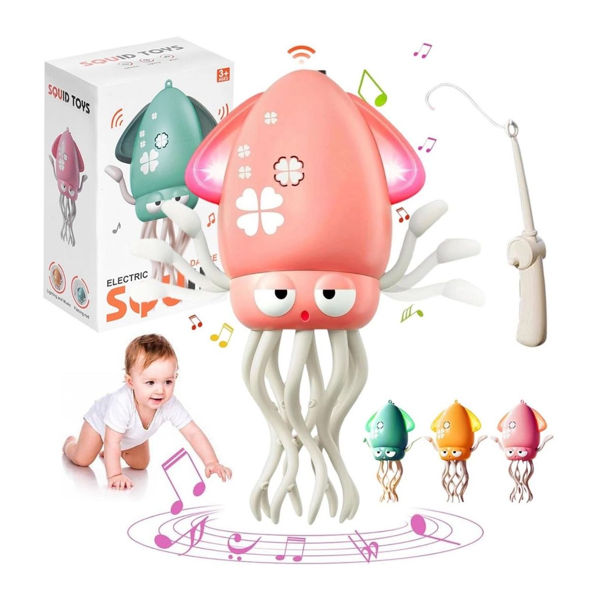 GENERICO - Calamar Musical con Luces Juguete Recargable para Bebé 3en1 - Rosado