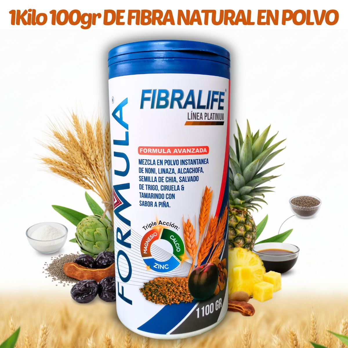 GENERICO - FIBRA NATURAL EN POLVO PARA ESTREÑIMIENTO CON NONI CHIÍA Y LINAZA 1KILO 100GR FIBRALIFE