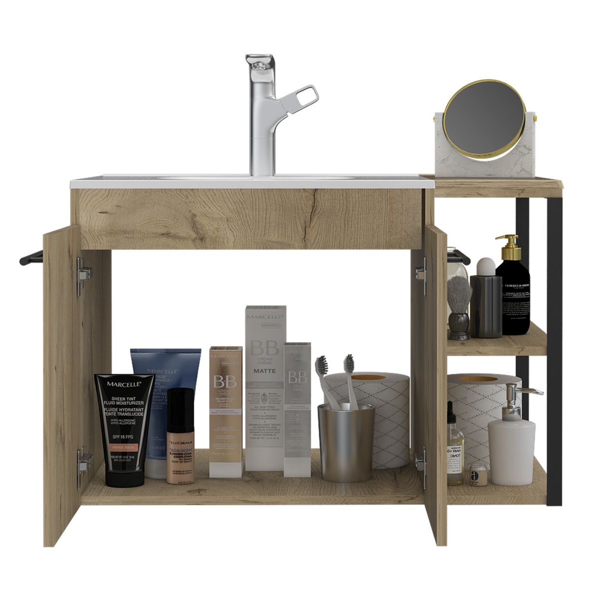 FMFURNITURE - Mueble De Baño Mural Con Lavamanos 2 Puertas Café Claro