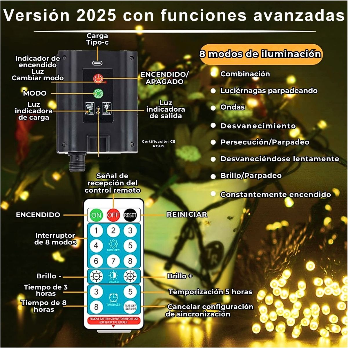 ARTEZA - Luces Navideñas Solares LED 20 Metros 300 Luces Exterior Impermeable Con Control Remoto