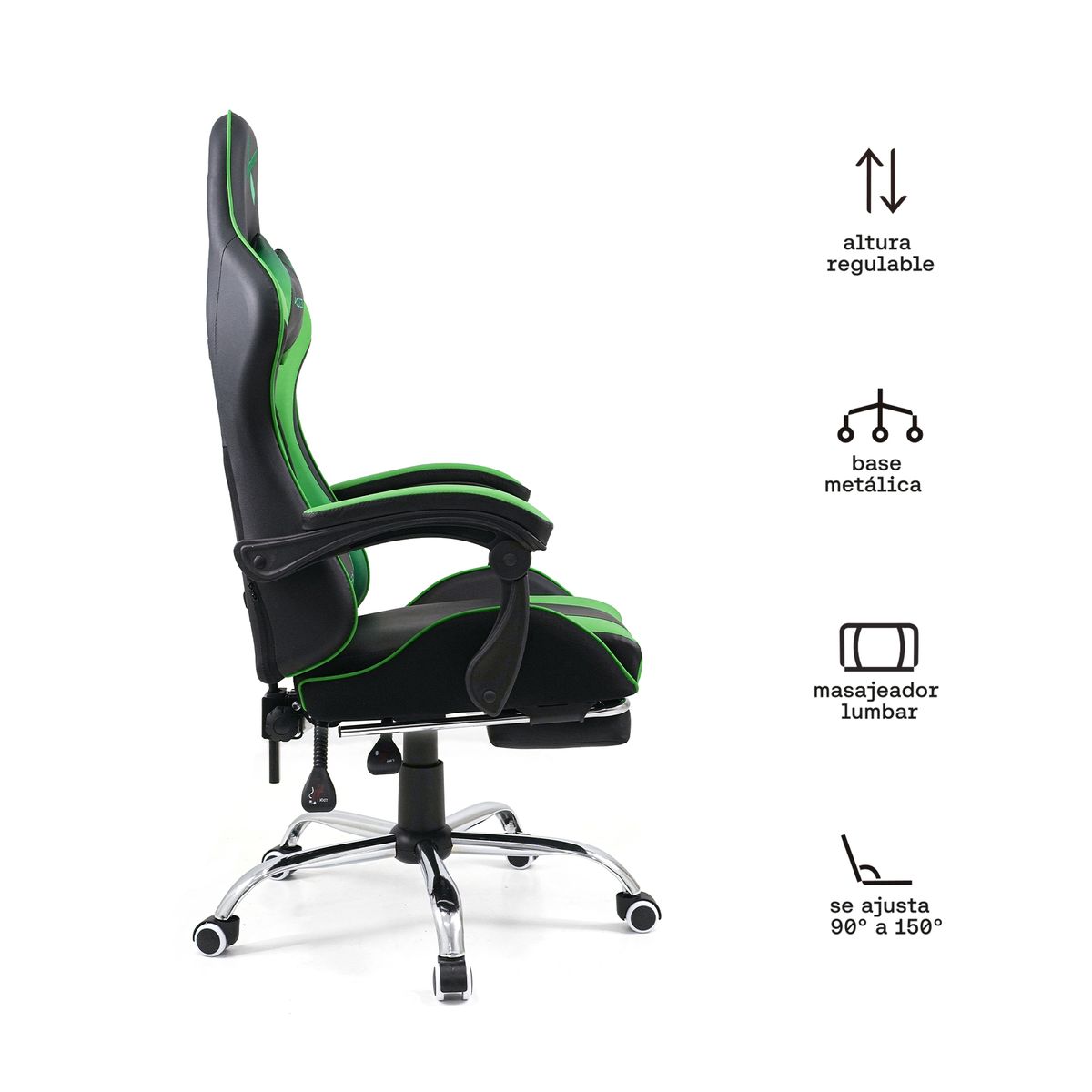 KUZLER - Silla Gamer Kuzler Verde Masajeador Lumbar Reposapiés y Base Metálica RIK-101G