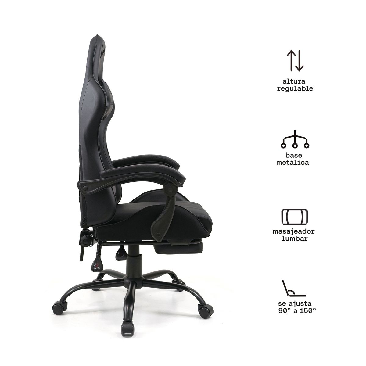 KUZLER - Silla Gamer Kuzler Negra Masajeador Lumbar Reposapiés y Base Metálica RIK-101AB