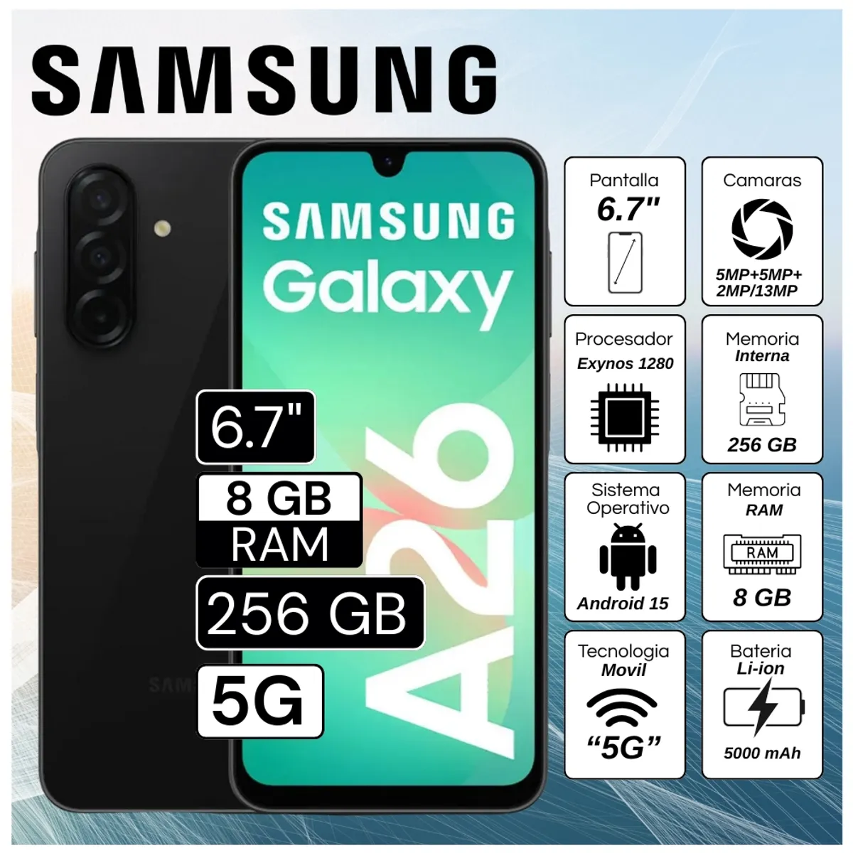 SAMSUNG - Celular Samsung Galaxy A26 5G 6.7"  Pulg. 8GB RAM 256GB Android 15 - Blue Black