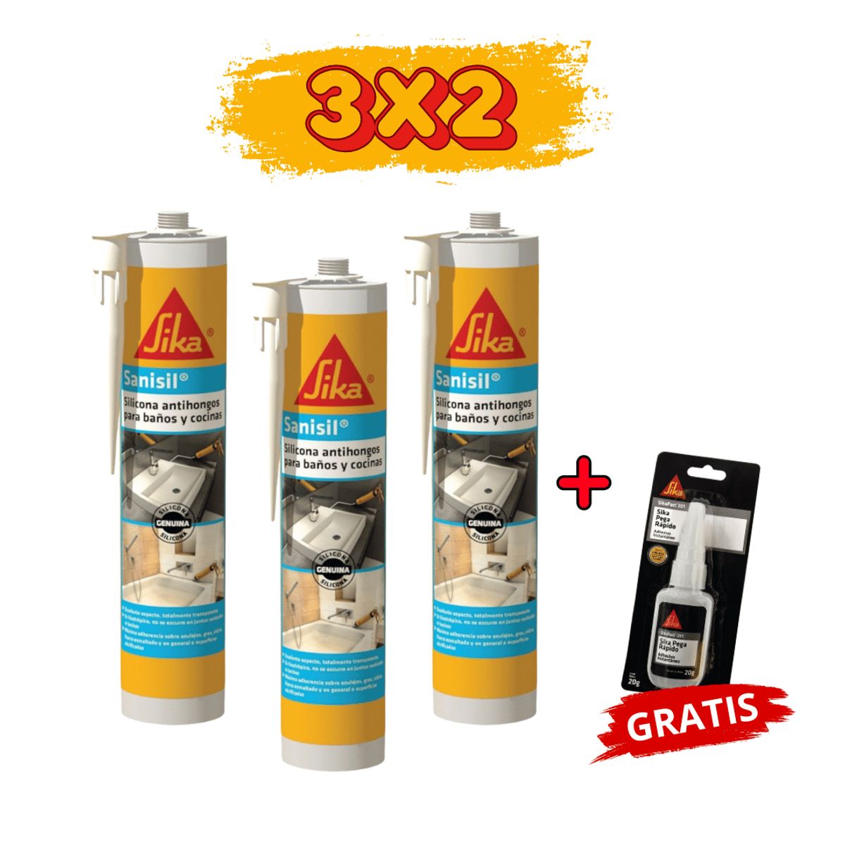 SIKA - 3x2 Silicona Antihongos p/ Baños y Cocinas Sika Sanisil Blanco 280ml + Gratis Sikafast 201
