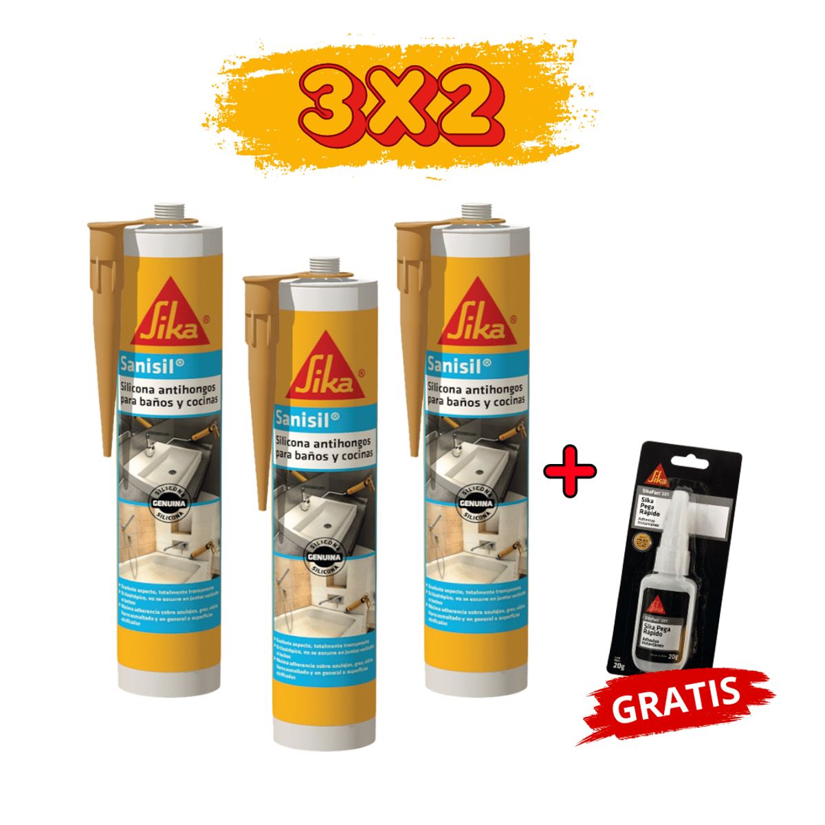SIKA - 3x2 Silicona Antihongos p/ Baños y Cocinas Sika Sanisil Beige 280ml + Gratis Sikafast 201