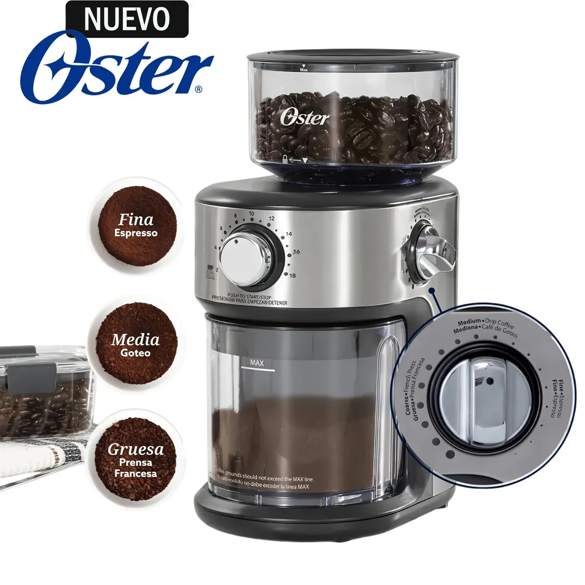 OSTER - Molinillo de Café, Automático, de Muelas, 18 Configuraciones de Molienda, BVSTBMH24