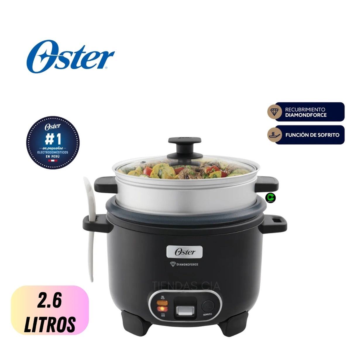 OSTER - Olla Arrocera Oster 2.6 Litros Función de Sofrito y Vaporera DiamondForce, CKSTRC15DFBLK