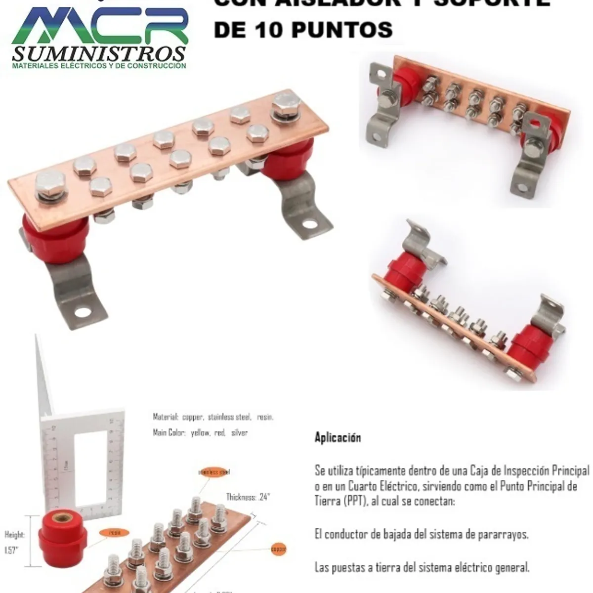 GENERICO - BARRA DE TIERRA DE COBRE CON AISLADOR Y SOPORTE DE 10 PUNTOS.