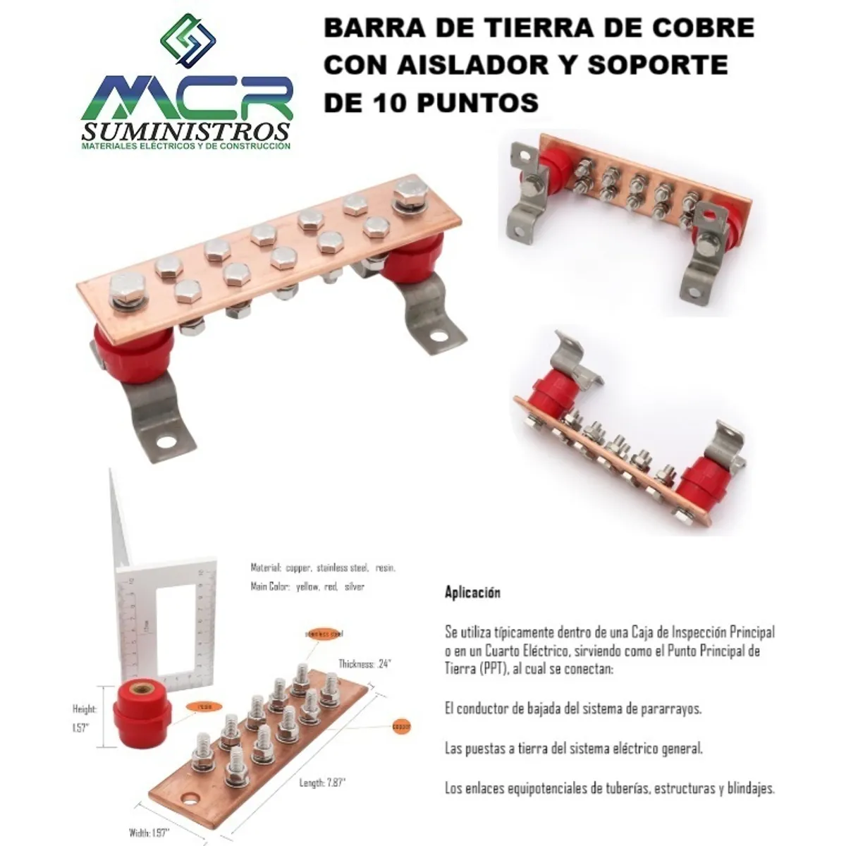 GENERICO - BARRA DE TIERRA DE COBRE CON AISLADOR Y SOPORTE DE 10 PUNTOS.