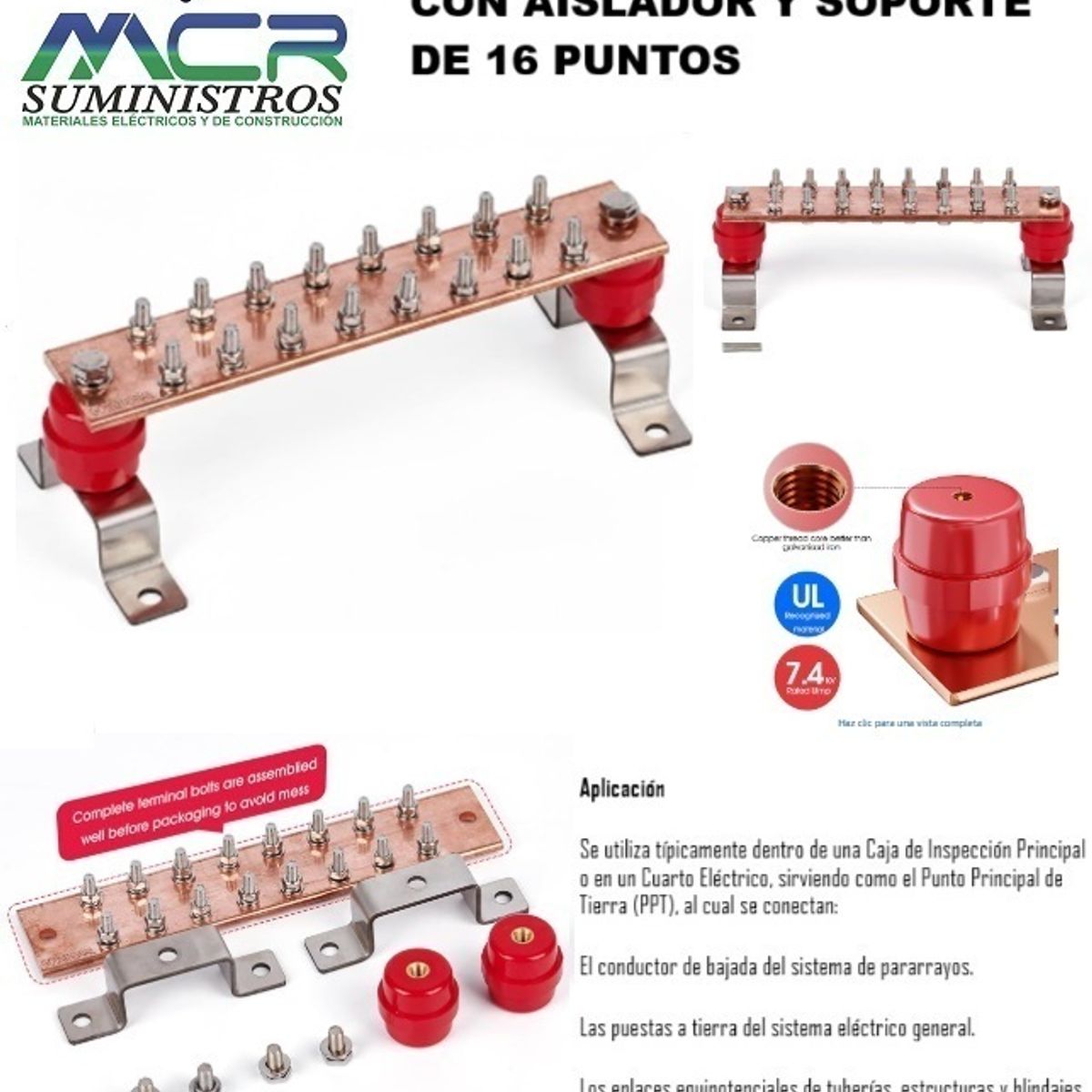 GENERICO - BARRA DE TIERRA DE COBRE CON AISLADOR Y SOPORTE DE 16 PUNTOS.