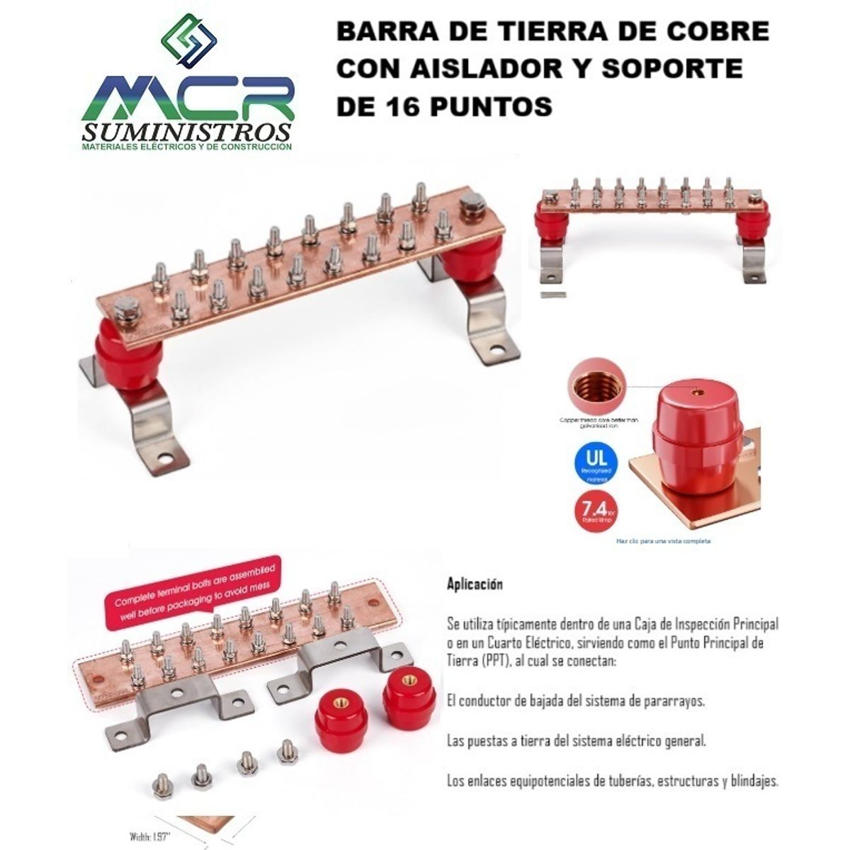 GENERICO - BARRA DE TIERRA DE COBRE CON AISLADOR Y SOPORTE DE 16 PUNTOS.