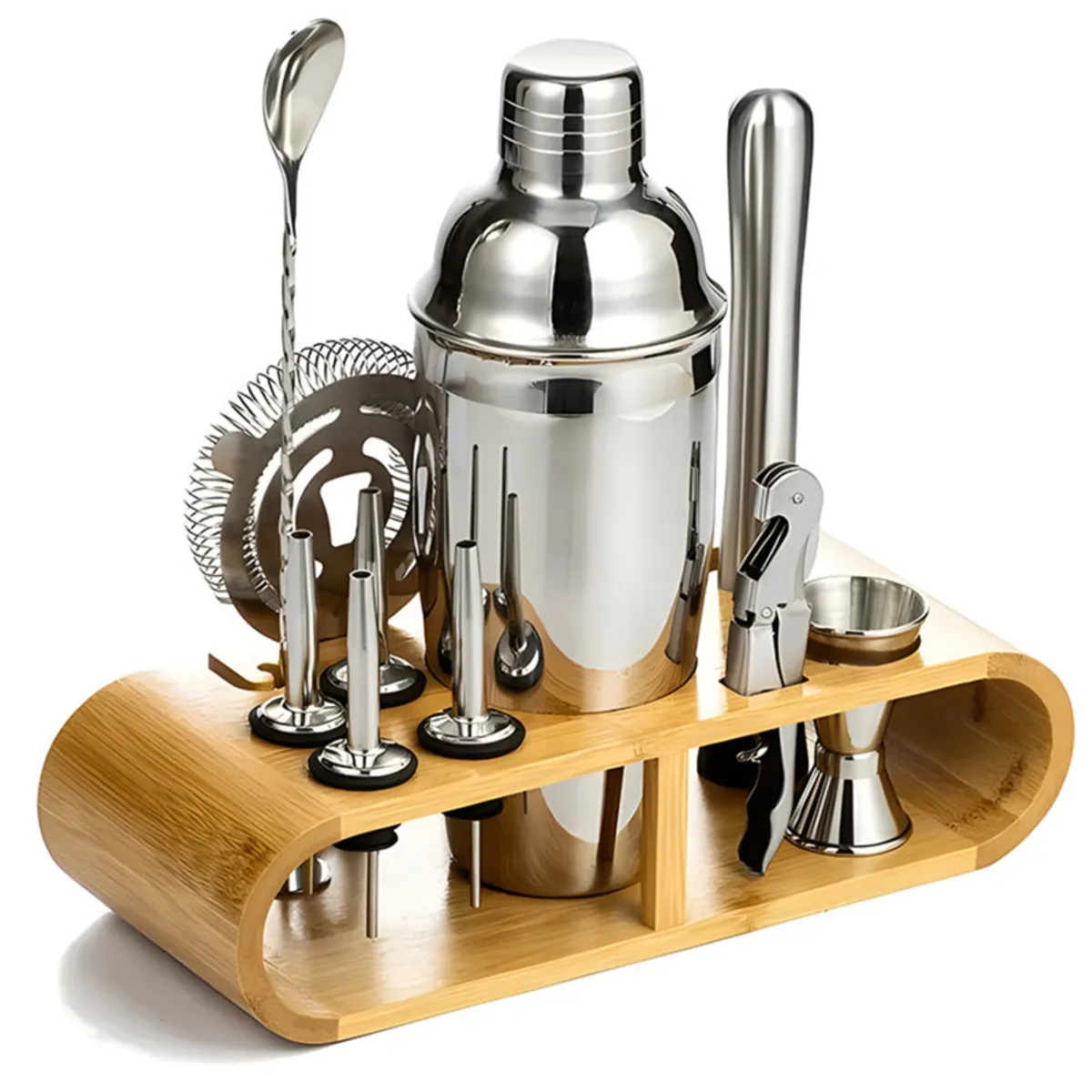 PENTHA - Set de Coctelería 12 Pzs Acero Inoxidable con Base de Bambú