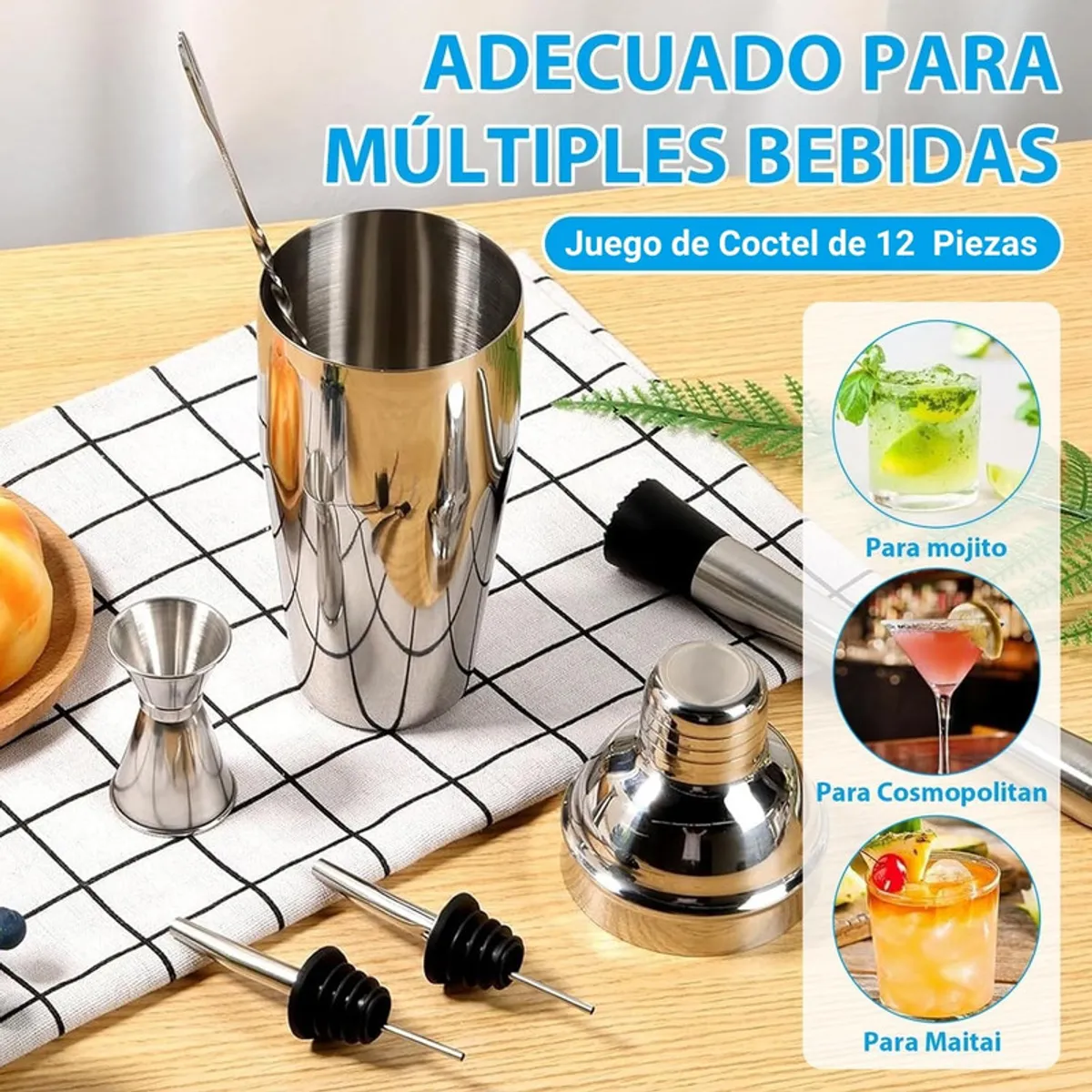 PENTHA - Set de Coctelería 12 Pzs Acero Inoxidable con Base de Bambú