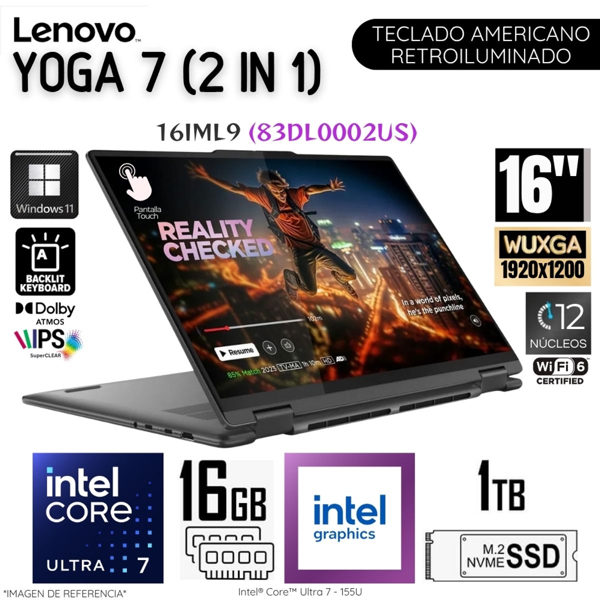 LENOVO - Laptop Lenovo Yoga 7 2 en 1 Intel Core Ultra 7 155U 16 GB DDR5 RAM 1TB SSD 16"  WUXGA TouchScreen