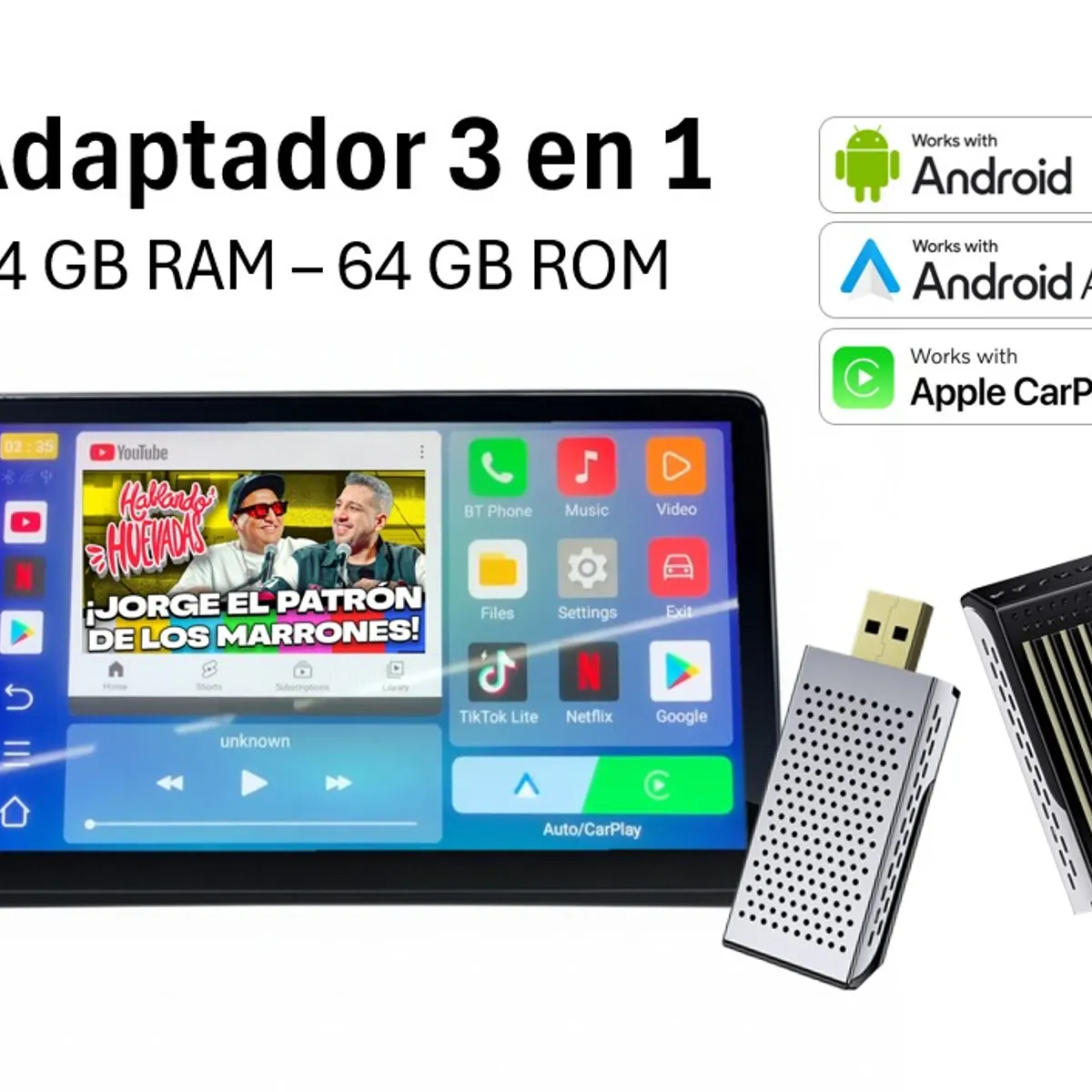 AUTOTECH - Adaptador AndroidAuto CarPlay Inalambrico Netflix + Disney + Youtube
