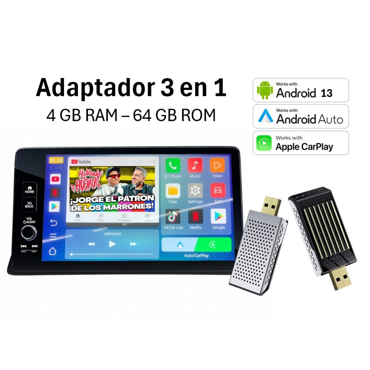 AUTOTECH - Adaptador AndroidAuto CarPlay Inalambrico Netflix + Disney + Youtube