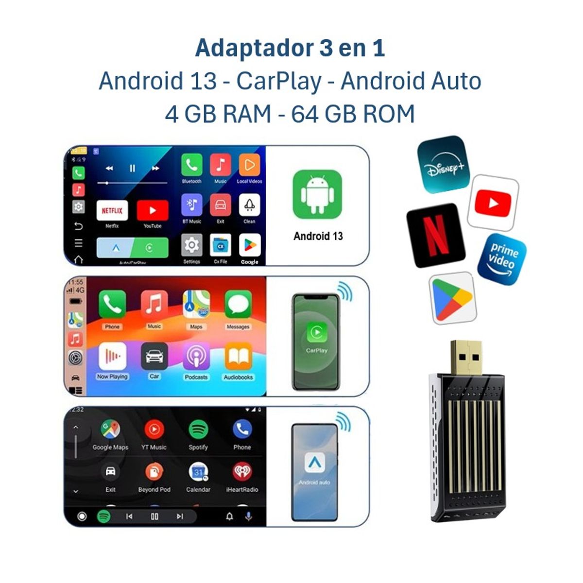 AUTOTECH - Adaptador AndroidAuto CarPlay Inalambrico Netflix + Disney + Youtube