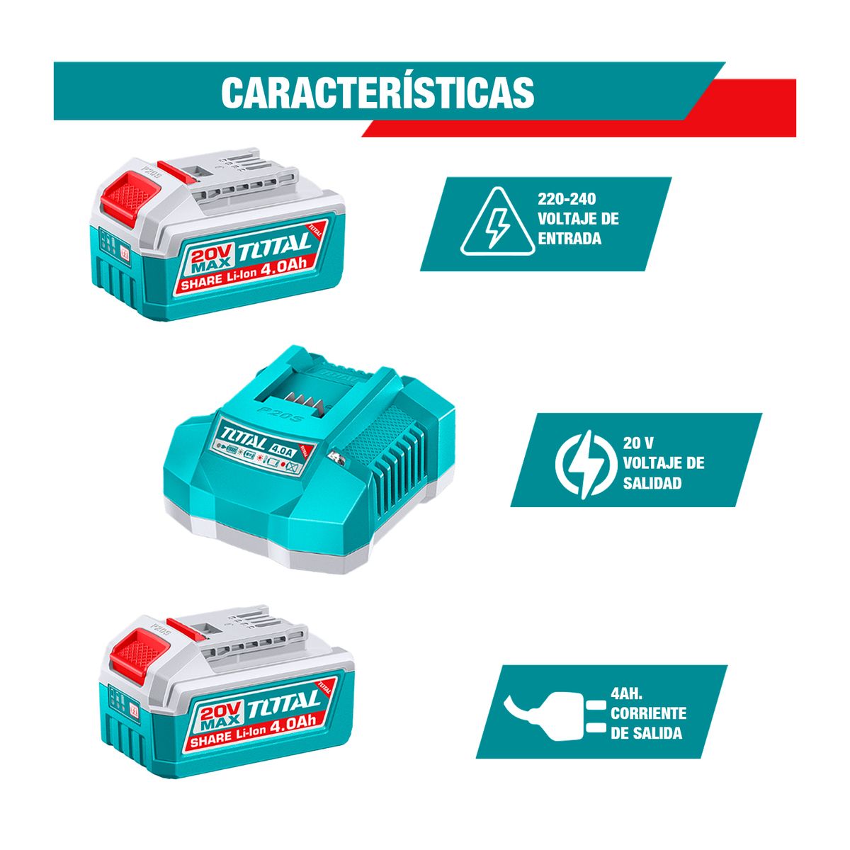 TOTAL TOOLS - Set 2 Batería Li-ion 20v 4.0ah + 1 Cargador Total-tfbcpk2013
