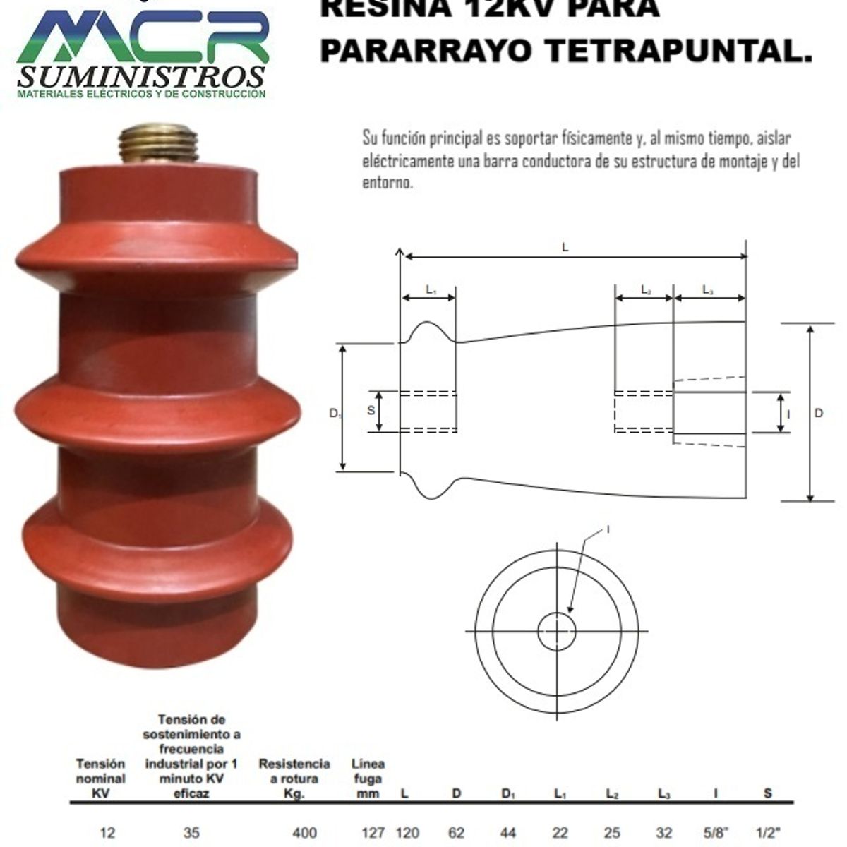 GENERICO - AISLADOR PORTABARRA DE RESINA 12KV PARA ﻿PARARRAYO TETRAPUNTAL
