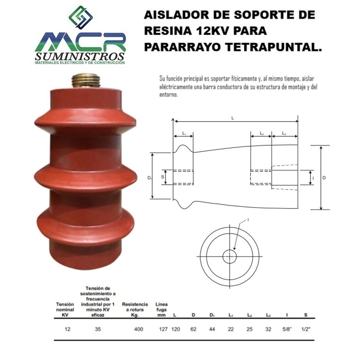 GENERICO - AISLADOR PORTABARRA DE RESINA 12KV PARA ﻿PARARRAYO TETRAPUNTAL