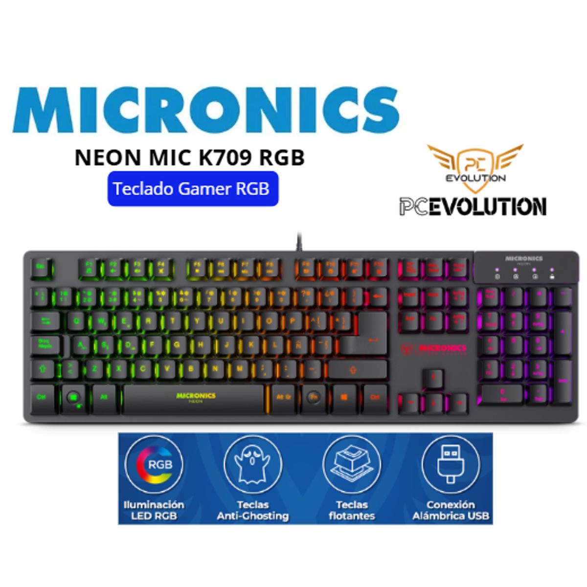 MICRONICS - Teclado Gamer MICRONICS NEON MIC K709 RGB BLACK USB