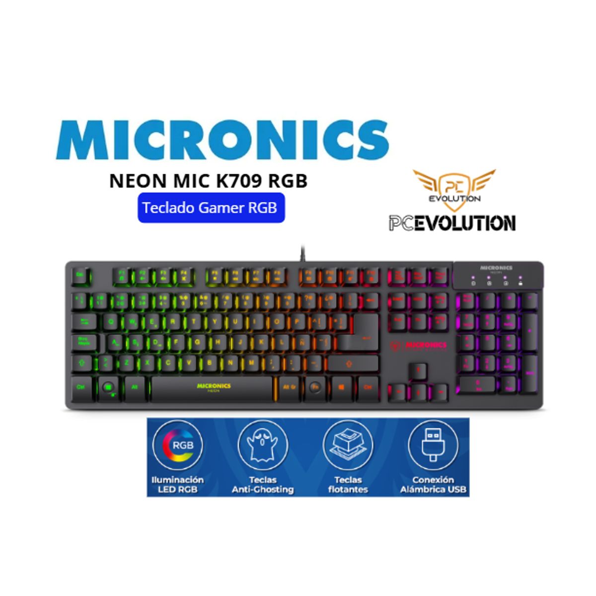 MICRONICS - Teclado Gamer MICRONICS NEON MIC K709 RGB BLACK USB