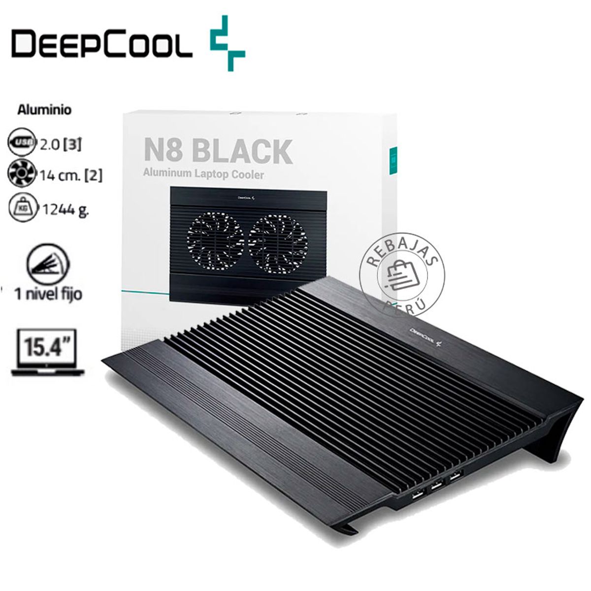 DEEPCOOL - Base Enfriadora N8 Black con Doble Ventilador 140 mm y USB Hub